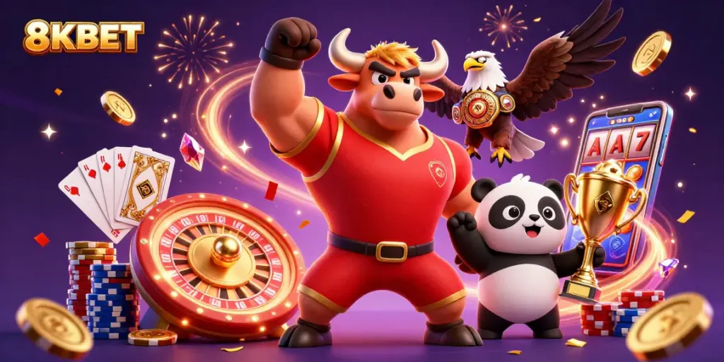 8KBET showcases an energetic scene with a bull mascot, eagle, and panda celebrating casino wins amidst dazzling game elements.