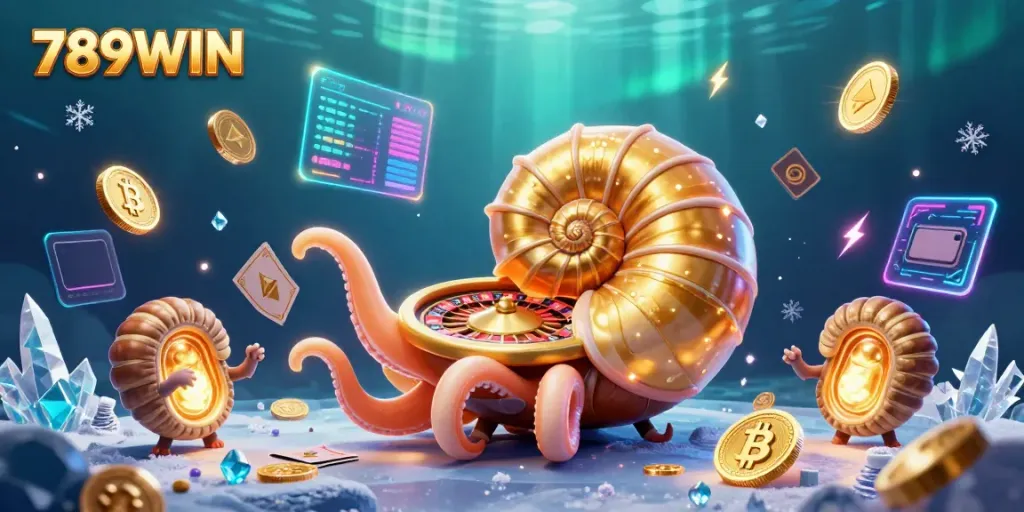 Engage with 789WIN's thrilling online casino experience depicted through 3D characters and digital treasures.