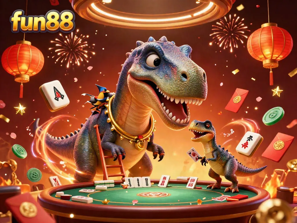 Engage with fun88 as a raptor deals cards from a ladder in a vibrant casino scene.