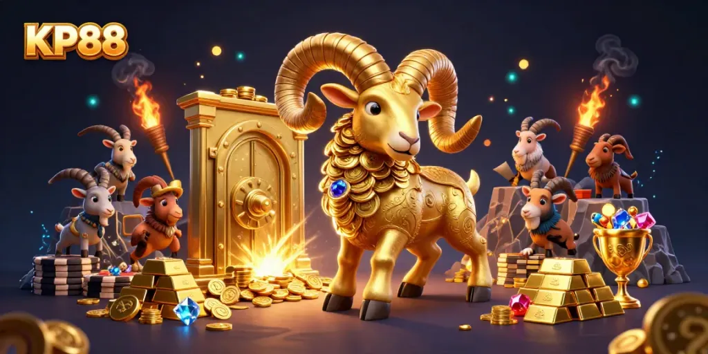 Witness the dynamic KP88 scene with a golden ram charging through a treasure vault, capturing the thrill of online gaming.