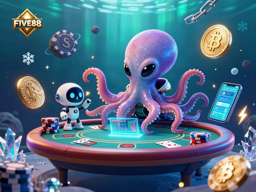 Engage with the vibrant FIVE88 poker scene featuring a cosmic octopus, crypto coins, and dynamic betting elements.
