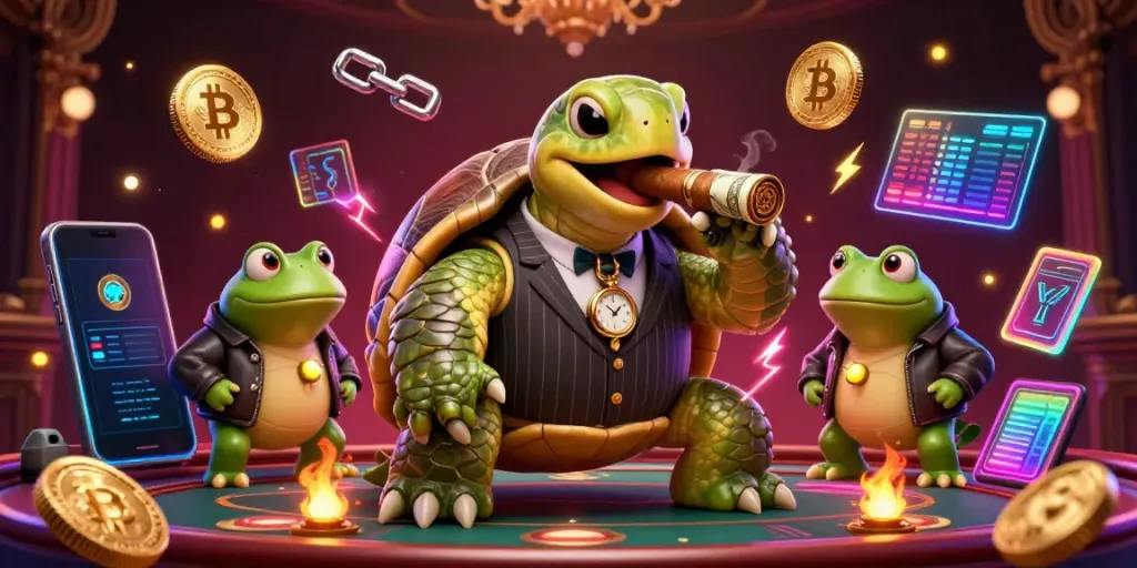 Sao789 features a massive turtle mobster with crypto elements amidst vibrant casino lights.