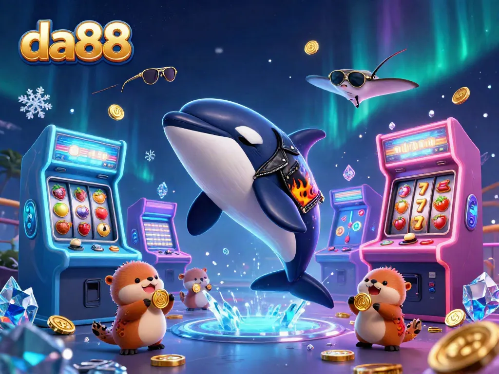 da88 casino promotional illustration showcasing a jumping orca, a flying stingray, and otters with coins