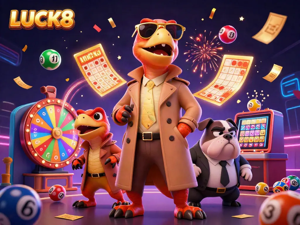 LUCK8 raptors try to enter a casino lounge, surrounded by colorful lottery balls and festive elements.
