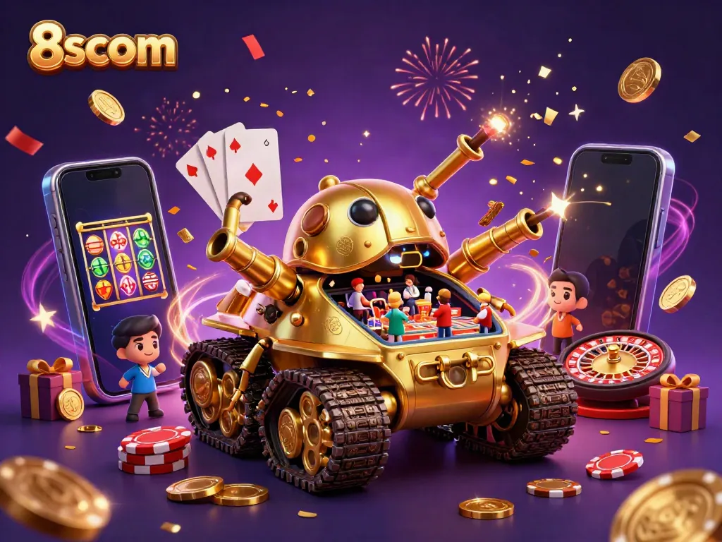 Experience the excitement of 8scom with a vibrant 3D casino scene featuring a golden beetle tank showcasing its miniature entertainment within.