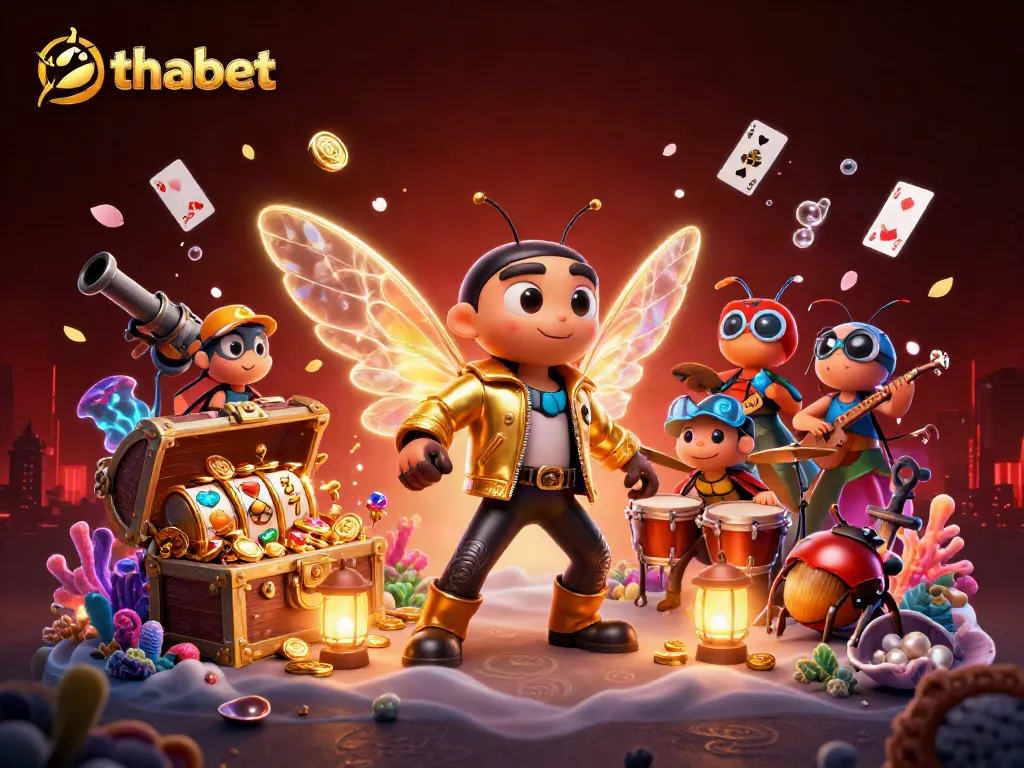 Experience thrilling wins at thabet with a vibrant 3D casino scene featuring a rock star and cartoon characters.