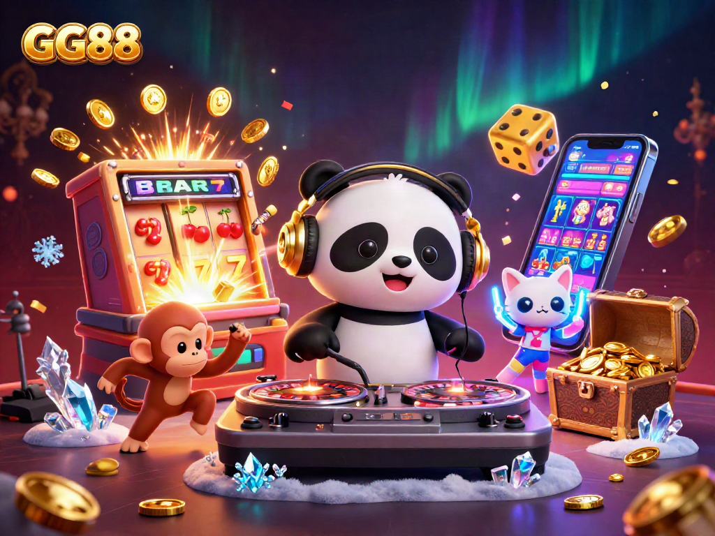 Experience thrilling fun with GG88 in a vibrant cartoon casino scene featuring a DJ panda, dancing monkey, and glow-stick kitten.