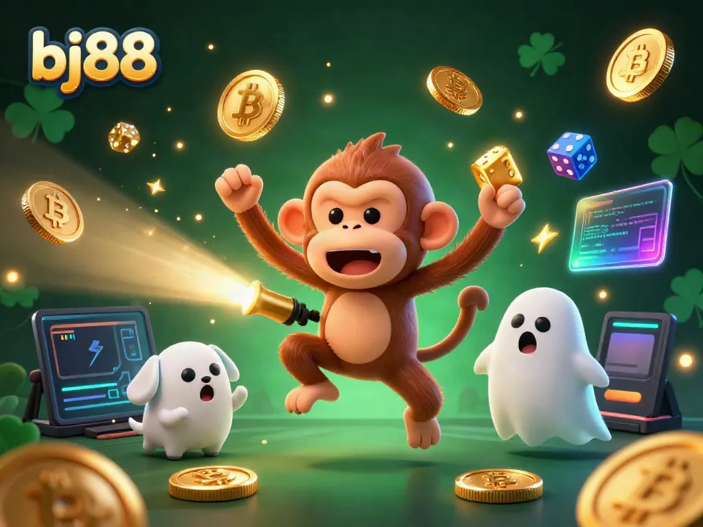 Experience the excitement of bj88 with a playful monkey and a ghost-hunter puppy in a dynamic casino scene.