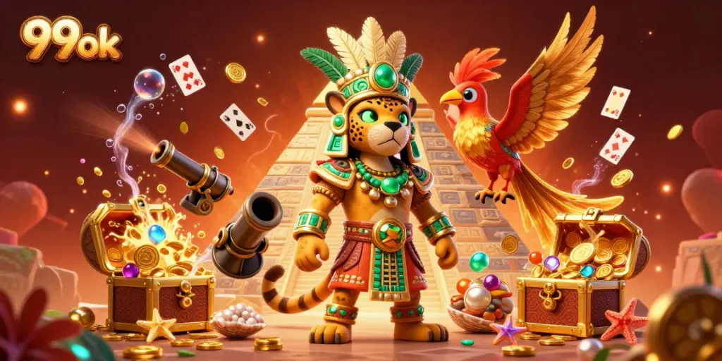 Win with 99ok at a vibrant casino scene featuring a Mayan priest and spinning cards.