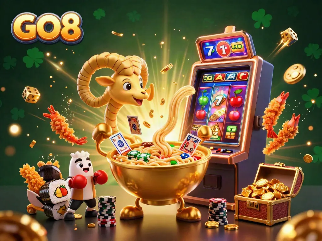 GO8 showcases a vibrant 3D casino scene with a giant ramen bowl dealer amidst slot machine excitement.