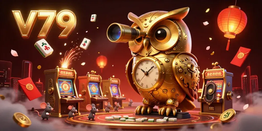 Engage with v79’s exciting casino atmosphere featuring a cartoon golden owl and wind-up mice amidst festive gaming elements.