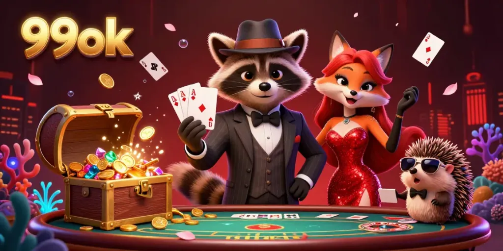 Immerse in the thrilling atmosphere of 99ok's casino with a suave raccoon and charming fox, showcasing the excitement of winning.