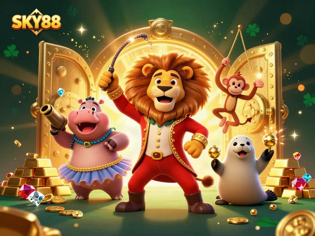 Engage with SKY88 as the circus characters bring casino excitement alive, featuring glittering treasures and vibrant games.