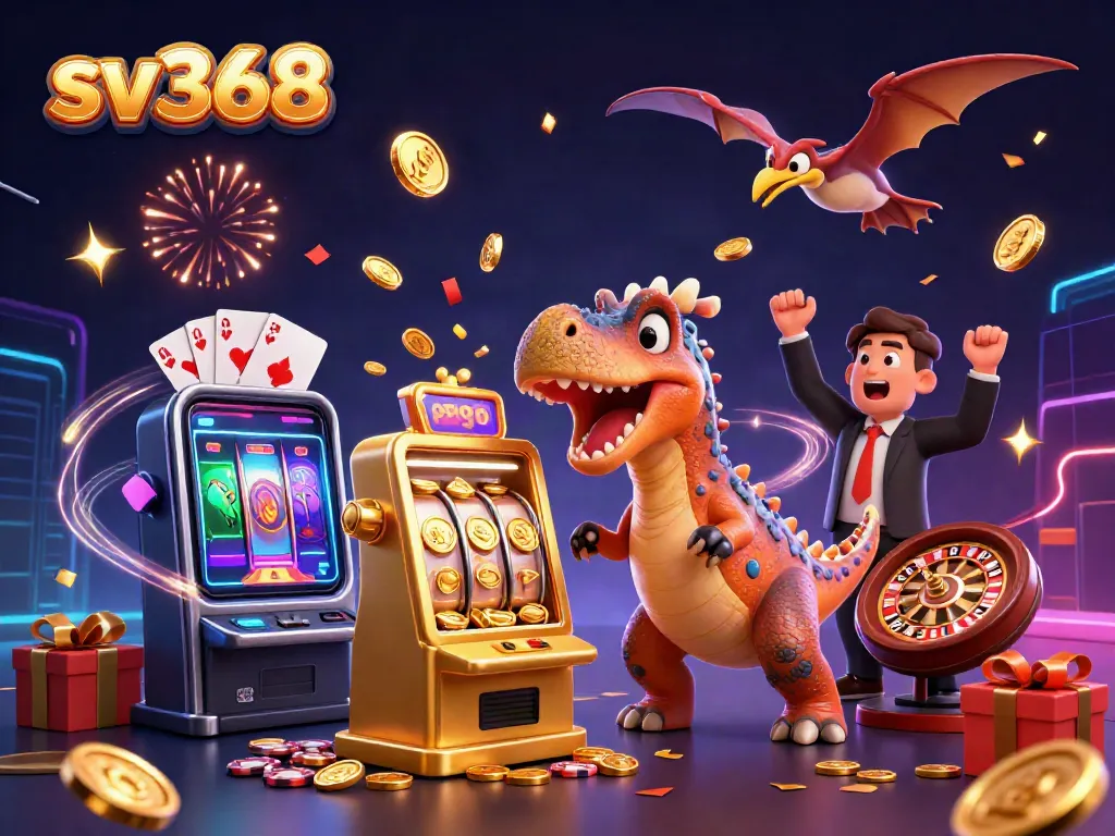 Experience sv368's thrilling jackpot moments with cartoon dinosaurs in a bustling casino scene.