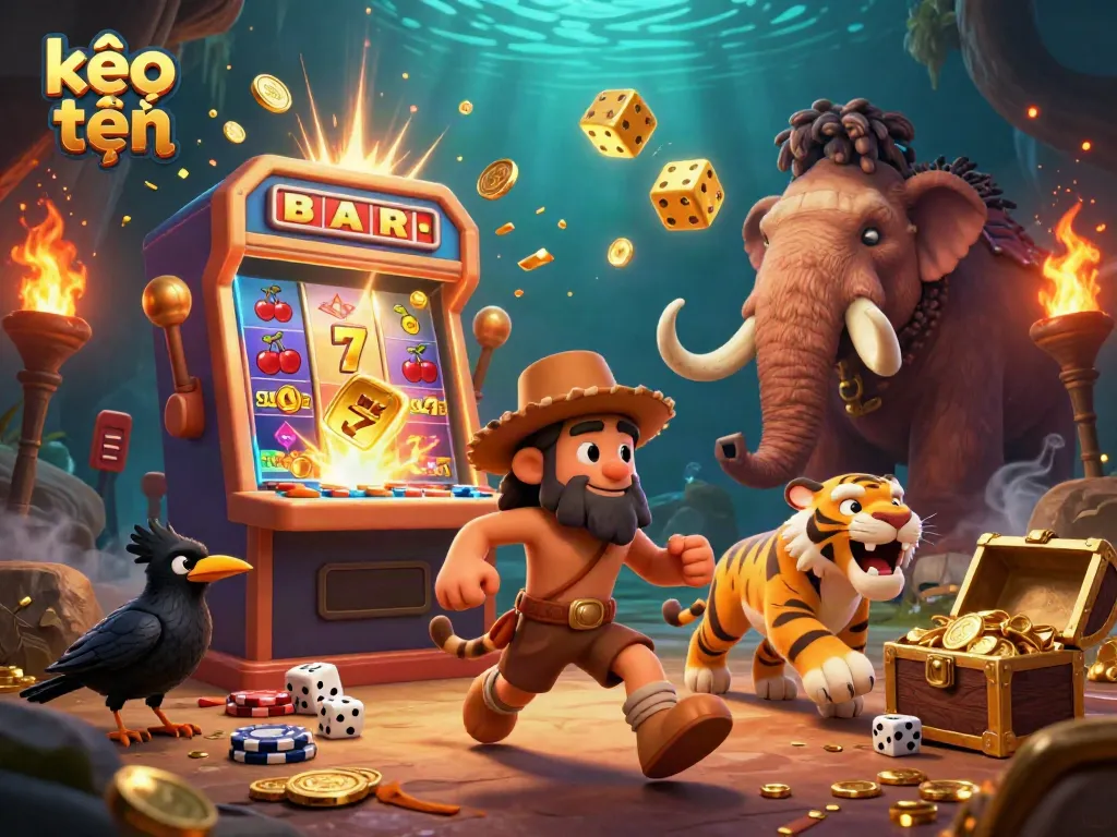 Experience kèo trực tuyến action with a 3D caveman and tiger duo running a colorful casino scene.