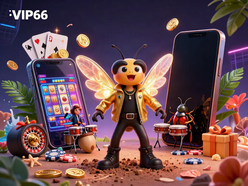 Experience VIP66 with a vibrant illustration of a rock star cicada and casino elements swirling in excitement.