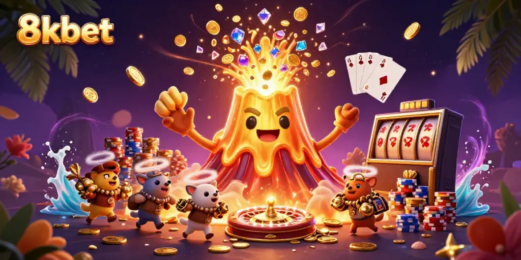 Experience thrilling wins at 8kbet with a vibrant erupting volcano and golden treasures.
