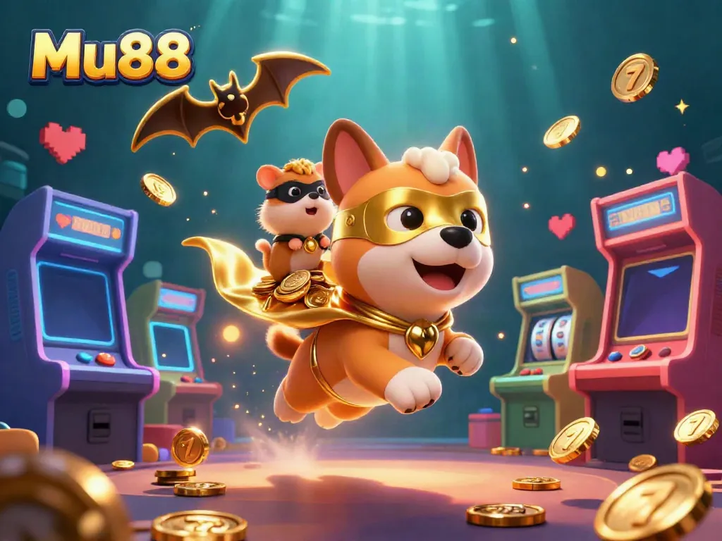 Experience the thrill of Mu88 casino with a superhero dog flying through a vibrant, gamified world.