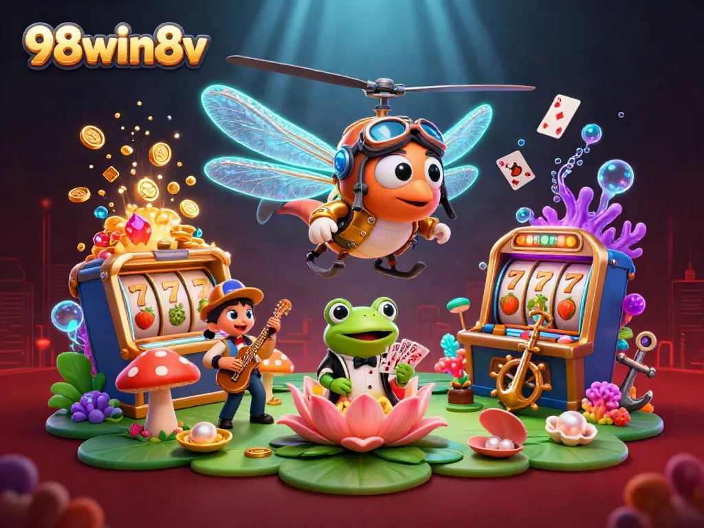 Experience thrilling wins at 98win8v with a vibrant casino scene showcasing unique characters and slot machines.