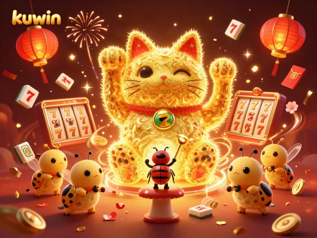 Experience the thrilling charm of kuwin with a giant lucky cat and golden fireflies in a vibrant casino scene.