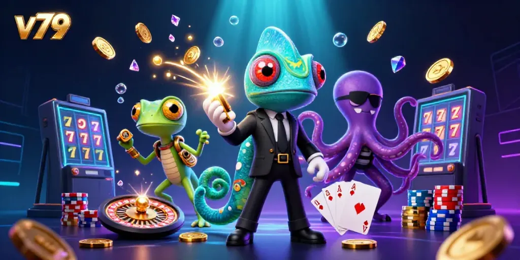 Experience thrilling gaming action at v79 with colorful casino elements and dynamic characters.