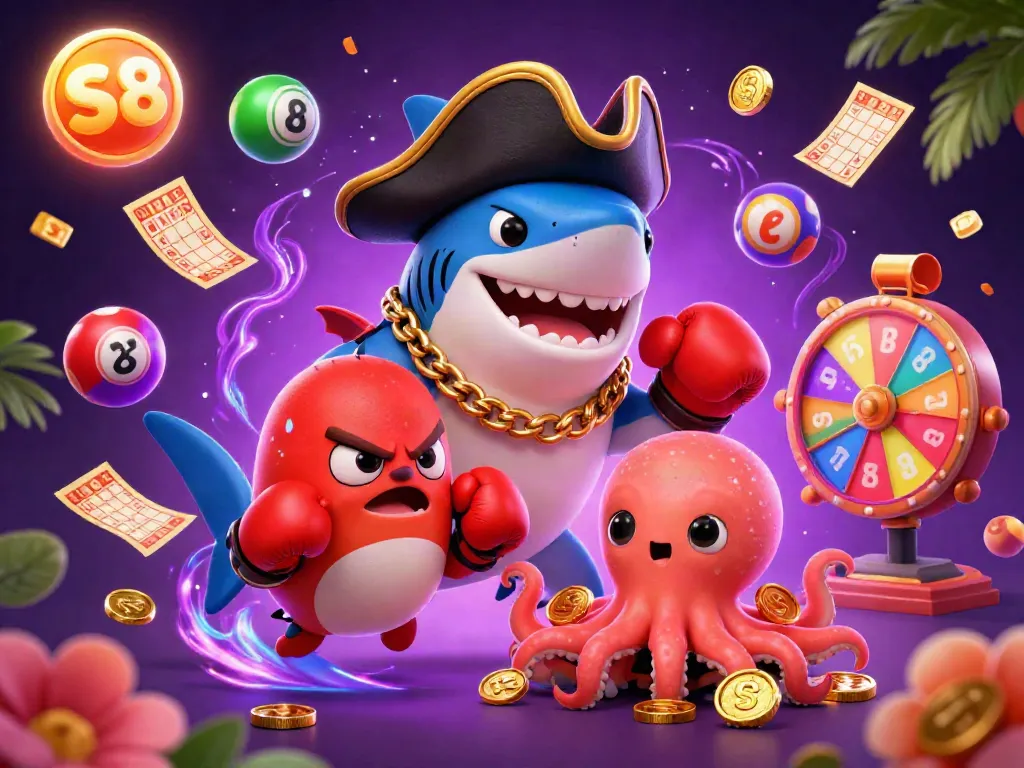 Engage with S8 through a lively cartoon scene featuring a pirate shark, pufferfish, and octopus amidst dynamic lottery elements.