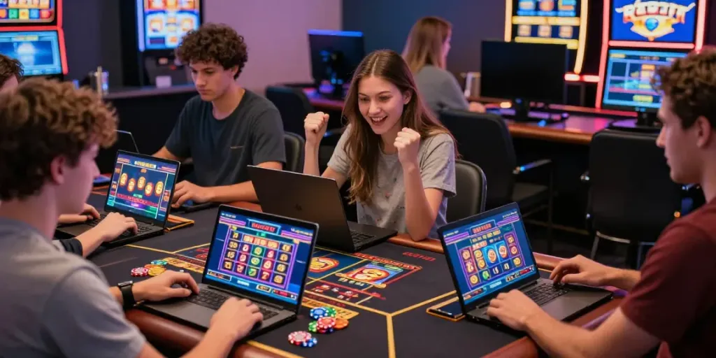 Exciting online gaming atmosphere at https://ku88vt.com/ with players celebrating casino wins and engaging with interactive games.