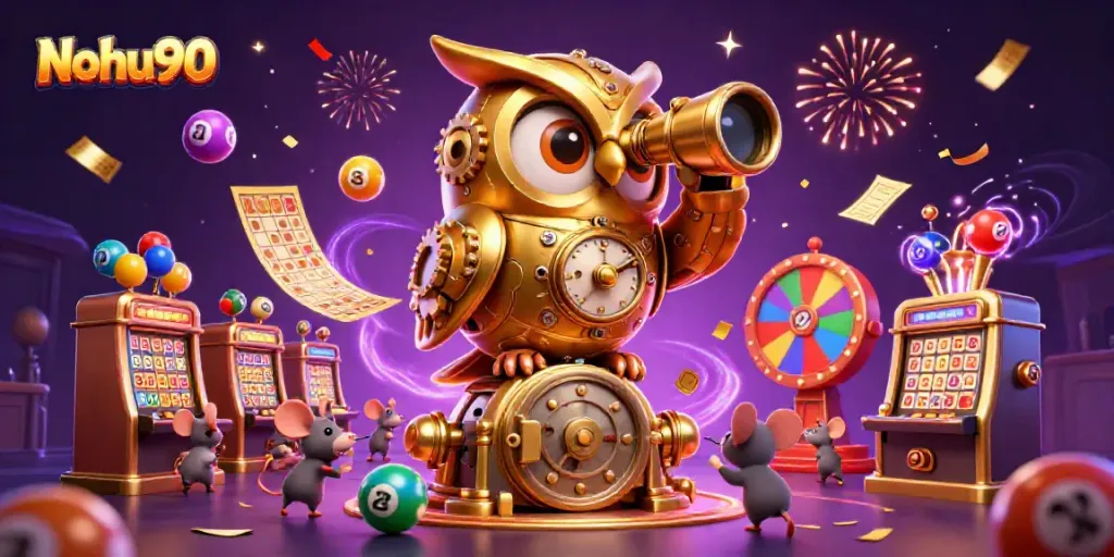 Nohu90 represents an engaging casino experience with a golden owl and lively elements in vibrant gaming action.