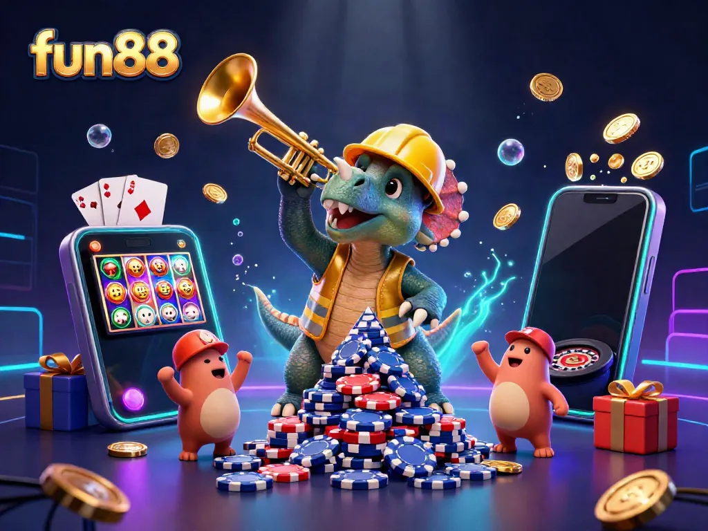 Fun88 casino promotion featuring a playful triceratops building poker chip pyramids, surrounded by slot games and festive elements.