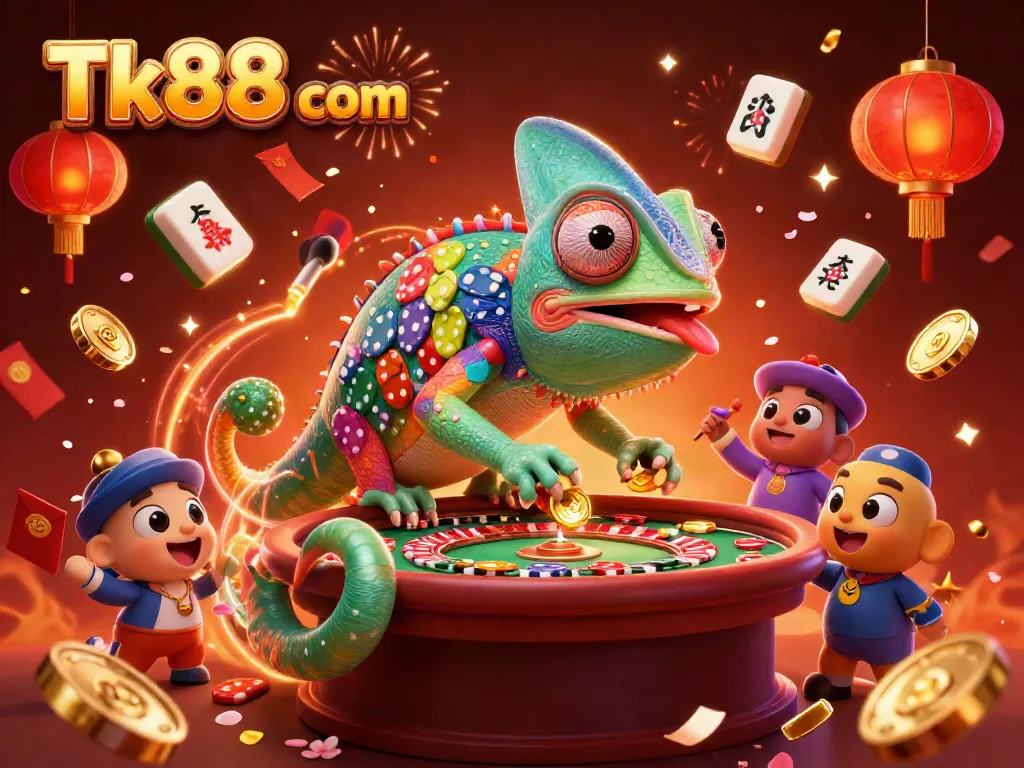 Win big at Tk88 com Casino with vibrant colors, chameleon mascot, and gold coins