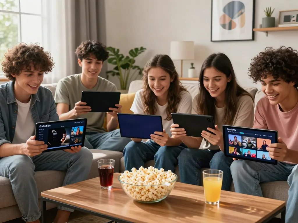 CocoFlix app download scene with friends enjoying streaming movies on a couch, showcasing relaxation and modern entertainment.