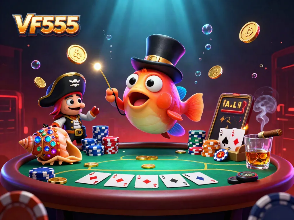 Play and win with VF555 featuring an anglerfish and a treasure-laden sea snail in a vibrant casino scene.