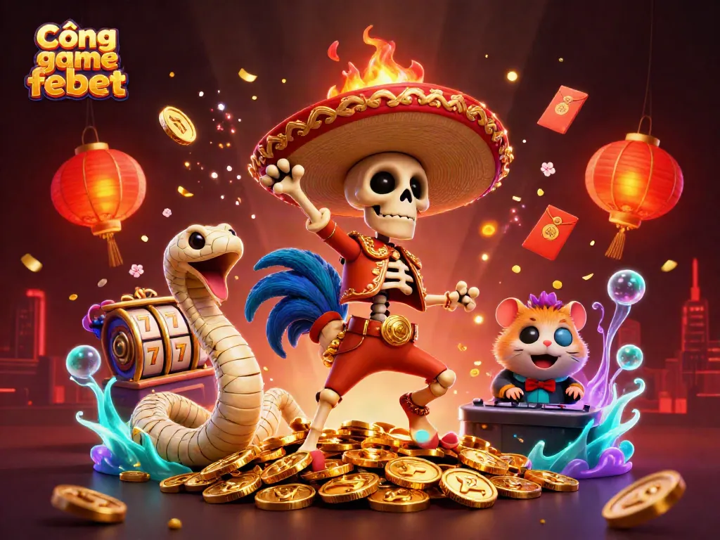 Engage with vibrant characters celebrating in the Cổng game febet, featuring lively casino elements and a festive atmosphere.