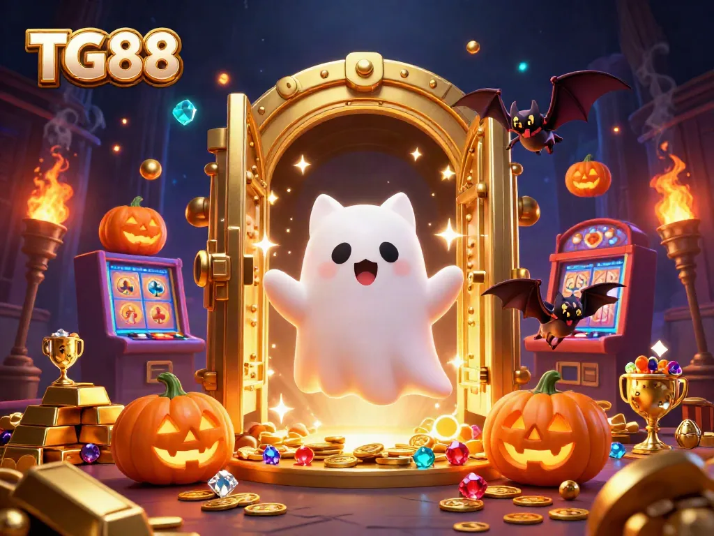 Join the TG88 ghost cat in a vibrant casino adventure filled with treasures and glowing jack-o-lanterns.
