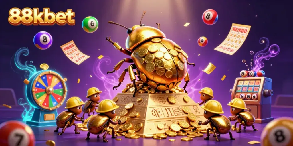 Experience exciting gaming with 88kbet in a vibrant illustration of a golden beetle rolling coins.