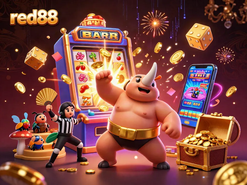 Experience the thrill of red88 casino with a dynamic scene of a sumo beetle champion amid vibrant gaming elements.