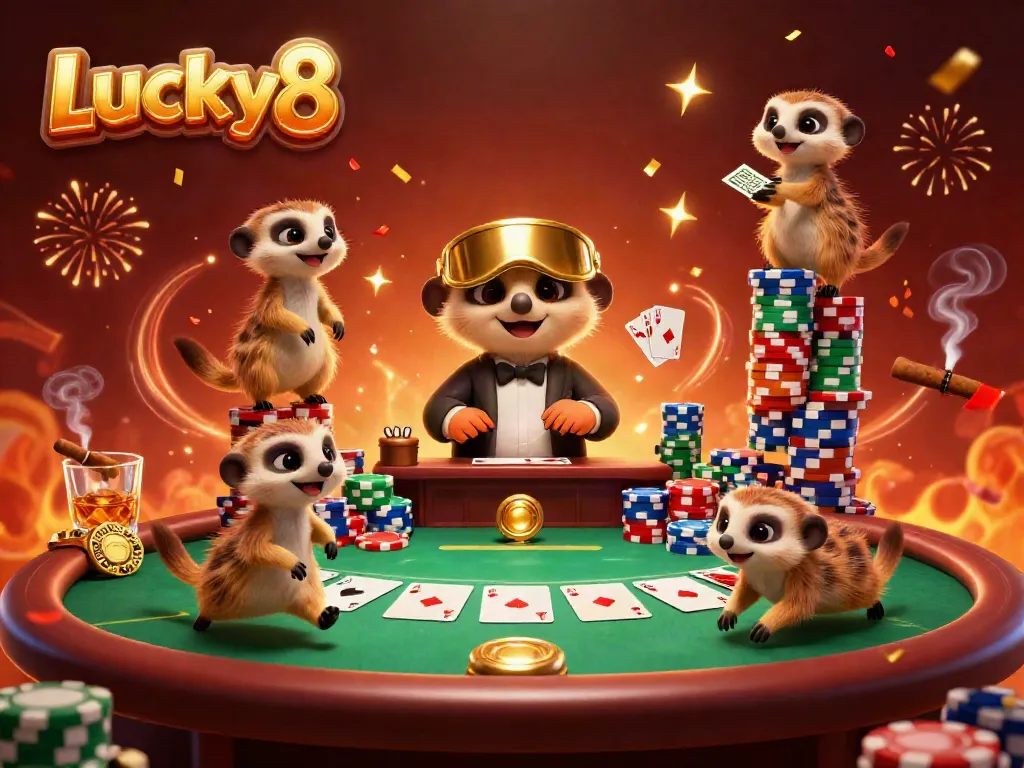 Meerkats running a Lucky8 casino with poker activities and energetic celebrations.