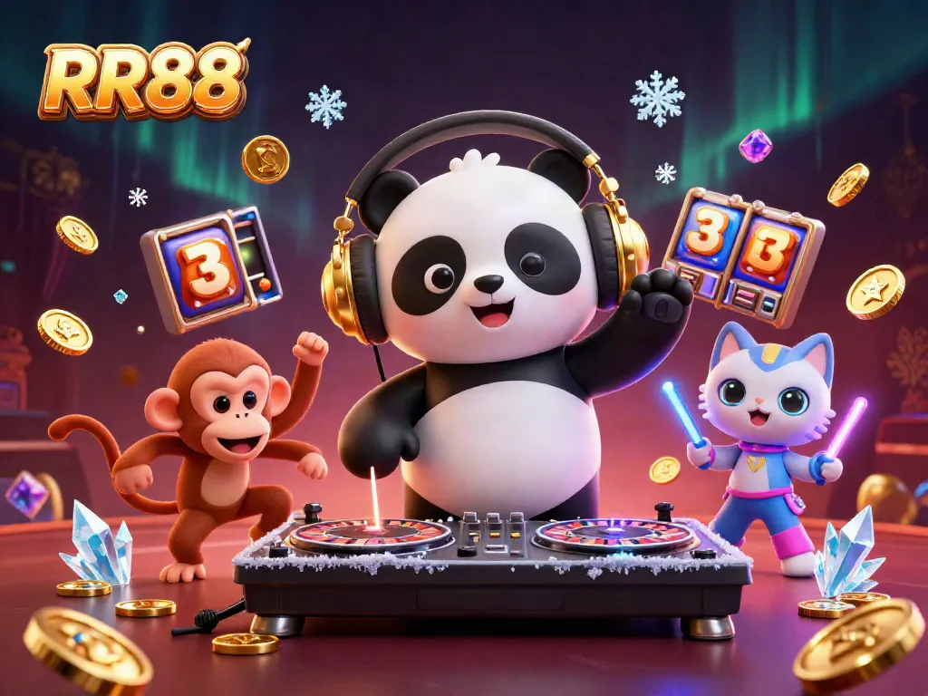 Engage in thrilling slots action with RR88's vibrant 3D casino illustration featuring lively characters.