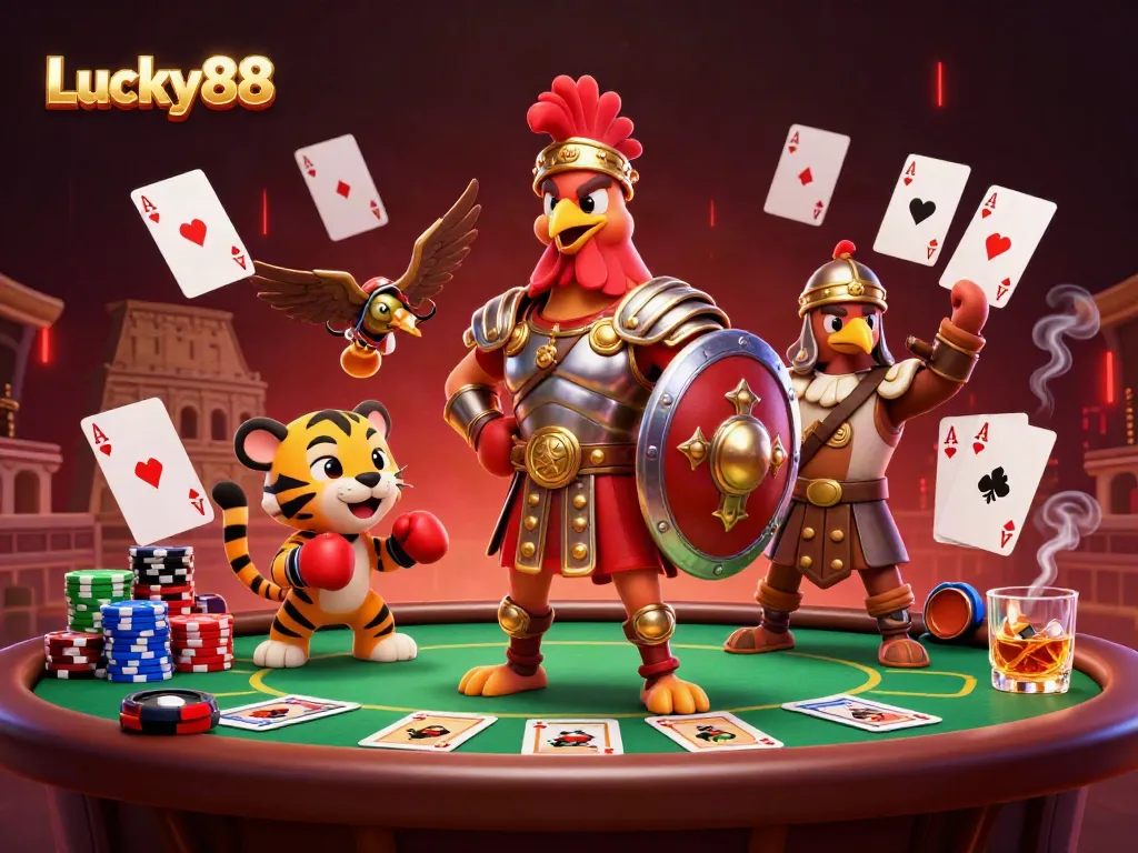 Engage with Lucky88's vibrant poker scene featuring a gladiator rooster and tiger cub in a 3D digital realm.