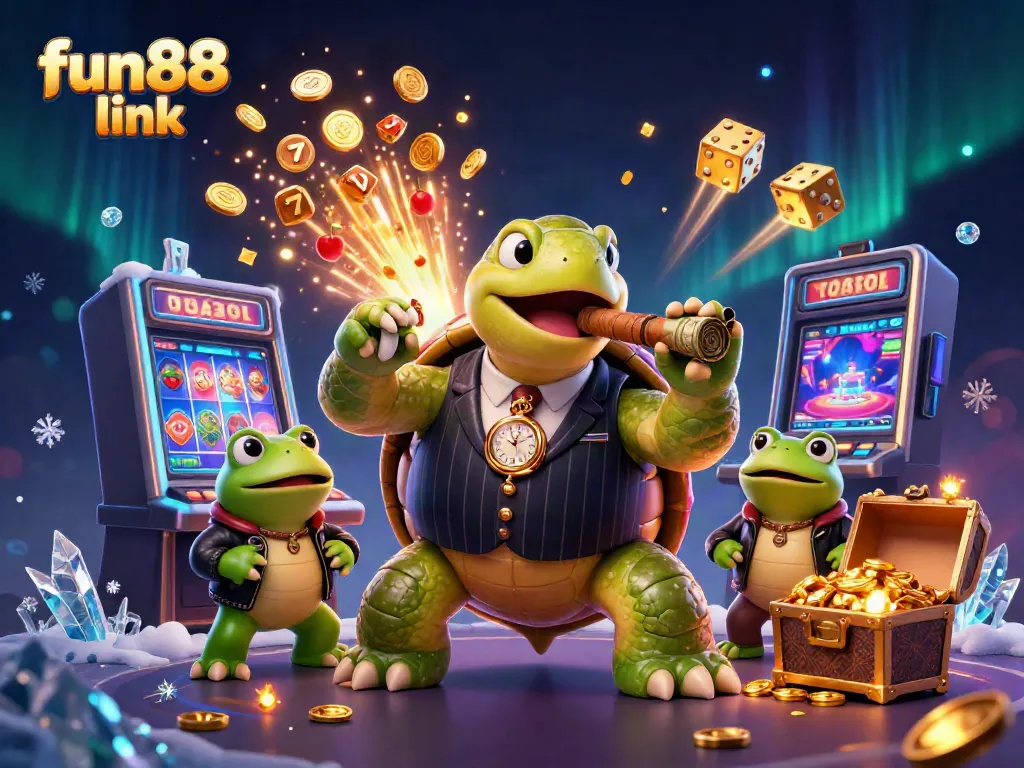 Enjoy the fun88 link with an energetic scene of a turtle mobster and bullfrogs amidst casino excitement.