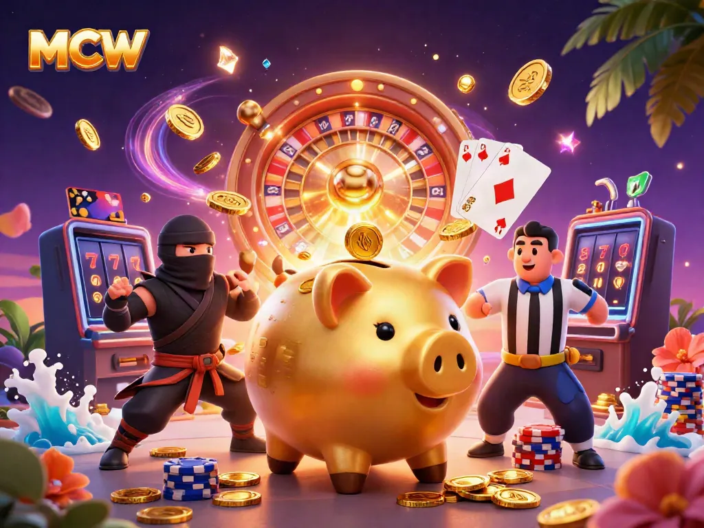 Engage with MCW's thrilling online casino scene featuring dynamic cartoon characters and vivid game elements.