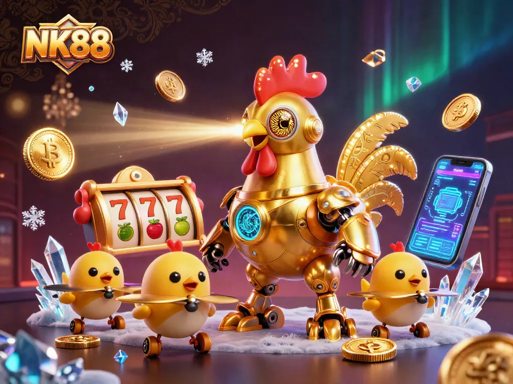 Experience immersive gaming with NK88 featuring a golden robot and baby chick drones amidst vibrant casino elements.