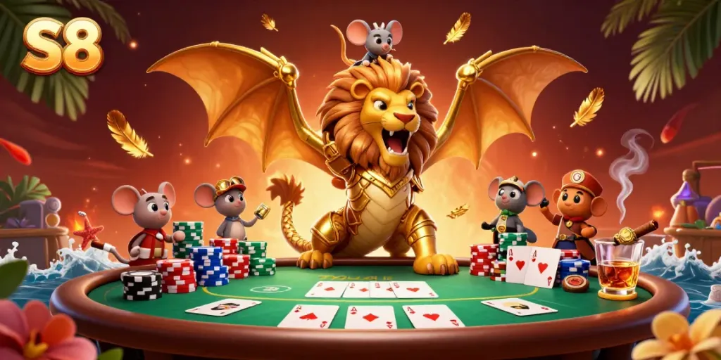 Experience thrilling poker action with S8 featuring a triumphant chimera and a mouse jockey.