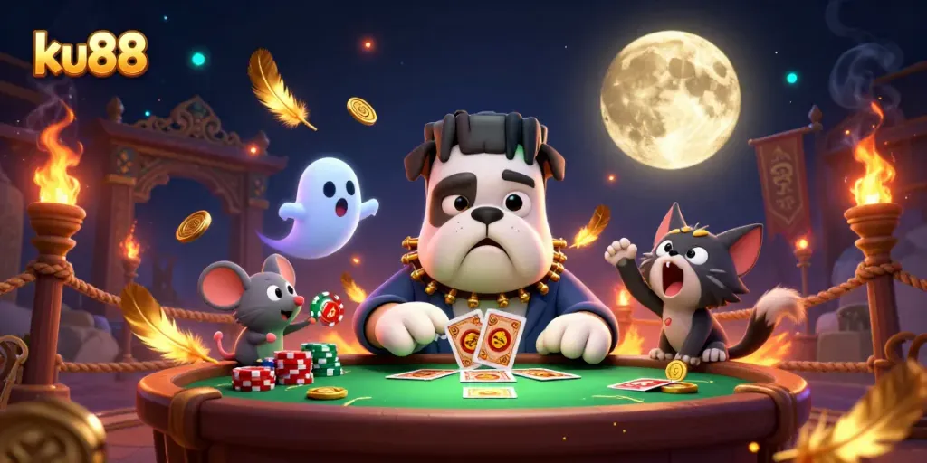 ku88 dealers showcase lively gaming with a Frankenstein bulldog and ghostly elements at a casino table.