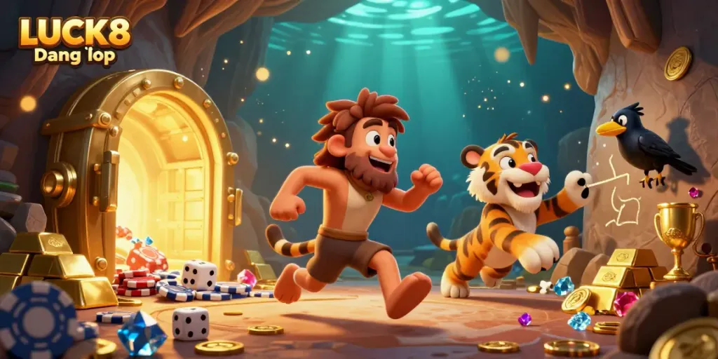 Engage in thrilling online gaming at LUCK8 Đăng nhập featuring a vibrant casino scene with prehistoric characters.