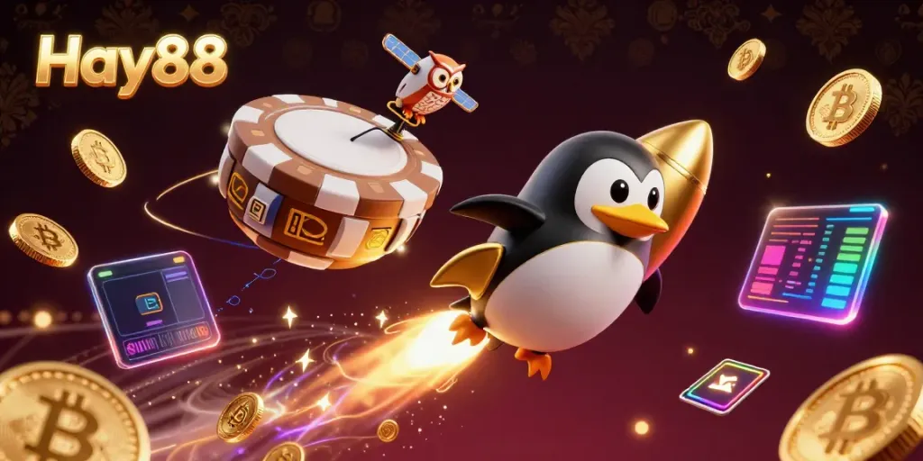 Engage with Hay88’s vibrant online gaming universe featuring a golden penguin and exciting casino elements.