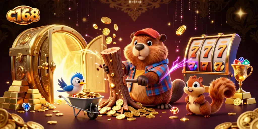 Engage with c168 as a lively lumberjack beaver gathers coins amid a vibrant casino treasure scene.
