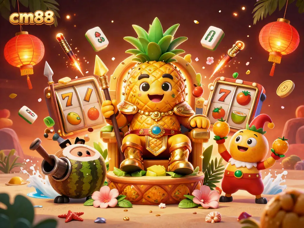 Spin the lucky reels with cm88's vibrant casino scene featuring a golden pineapple king.