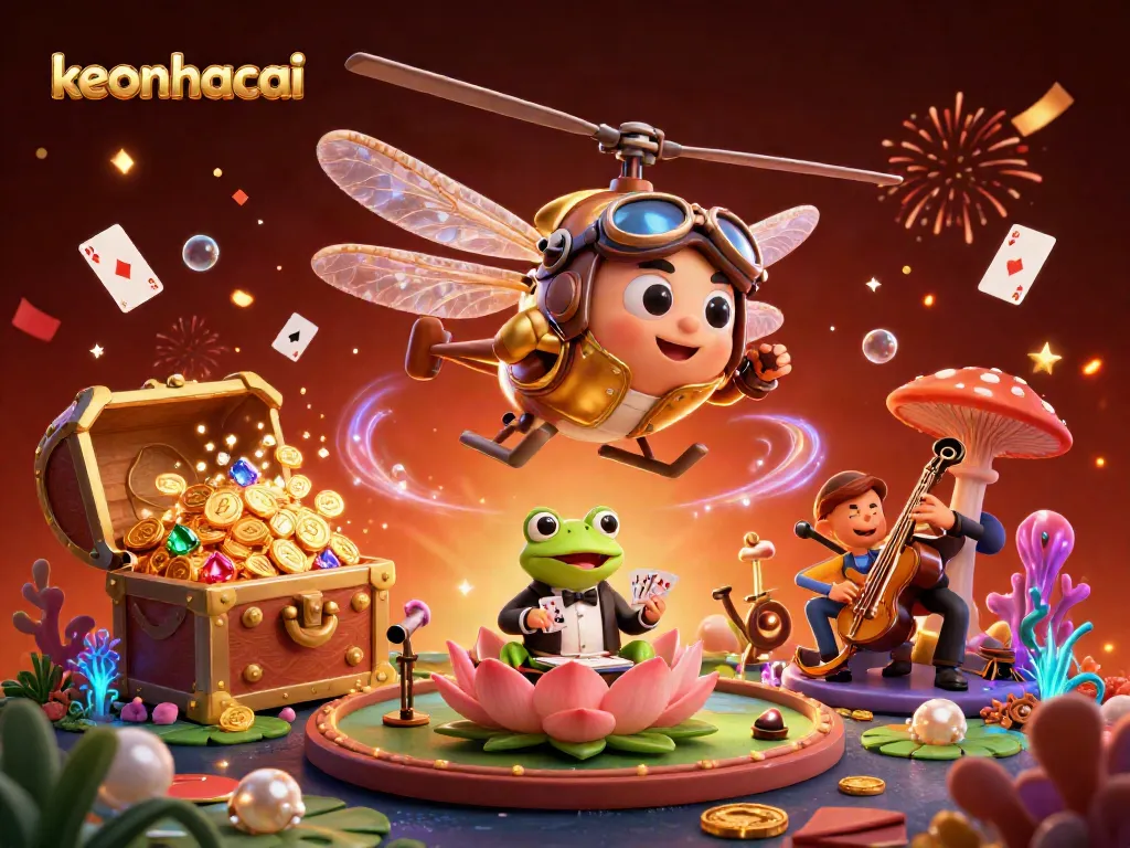Engage with keonhacai as a vibrant casino scene unfolds with characters, treasures, and dynamic effects.