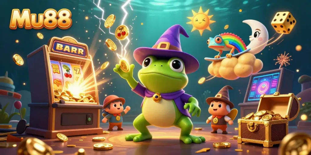 Experience the thrill of Mu88 with 3D characters celebrating jackpot wins amidst vibrant casino elements.